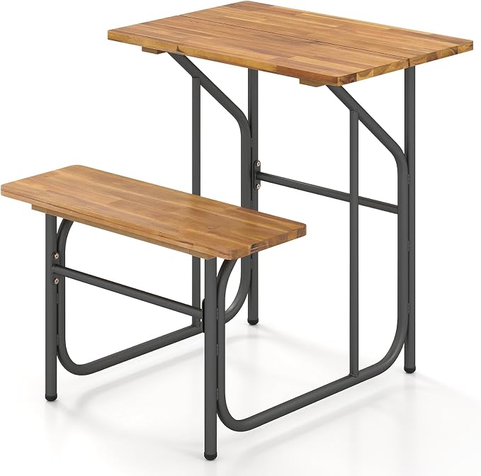 Giantex Single Picnic Table Bench Set, Acacia Wood Outdoor Dining Table Set, Heavy Duty Metal Frame, Rectangular Tabletop for Porch Patio Lawn Garden (27.5"x32"x29.5")