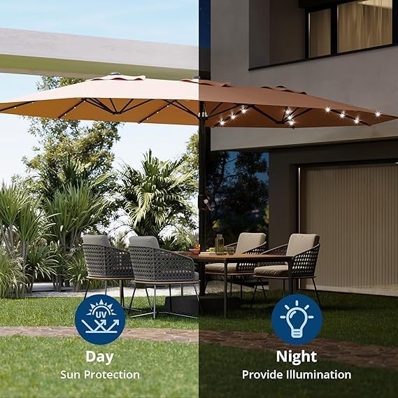 TrailBlaze 15FT Patio Umbrella With Base and Solar Lights, Outdoor Large Patio Double-Sided Market Umbrella With Crank Handle, UV Protection, for Lawn Deck Backyard Pool