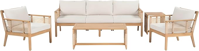 5-Piece Patio Conversation Set, All Weather Sectional Sofa Set w/ 3 Seater Sofa, 2 Chairs and 2 Coffee Tables, Acacia Wood Outdoor Furniture Set with Woven Rope Accents and Cushions