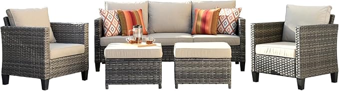 HOOOWOOO 5-Piece Luxury Patio Furniture Set– Stylish, Comfortable Outdoor Rattan Sofa Set with 2 Chairs, 2 Ottoamns, Weather-Resistant Patio Conversation Set for Deck, Garden, Balcony (Beige)