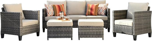 HOOOWOOO 5-Piece Luxury Patio Furniture Set– Stylish, Comfortable Outdoor Rattan Sofa Set with 2 Chairs, 2 Ottoamns, Weather-Resistant Patio Conversation Set for Deck, Garden, Balcony (Beige)