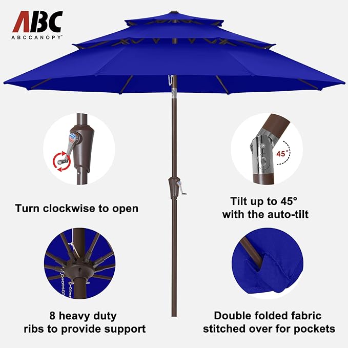 ABCCANOPY 9Ft 3 Tiers Market Umbrella, Outdoor Table Umbrella for Patio, Deck, Backyard (Blue)