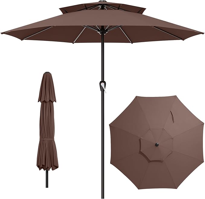 AreShark 12ft 2 Tiers Patio Umbrella - Outdoor Umbrella Waterproof UV Protection, Market Table Umbrella w/ 8 Sturdy Ribs&Crank for Pool, Porch, Garden(Dark Brown)