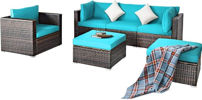 HAPPYGRILL 6 Pieces Patio Conversation Set Outdoor Furniture Set Rattan Wicker Sectional Sofa Set with Soft Cushions Coffee Table Ottoman for Backyard Garden Poolside