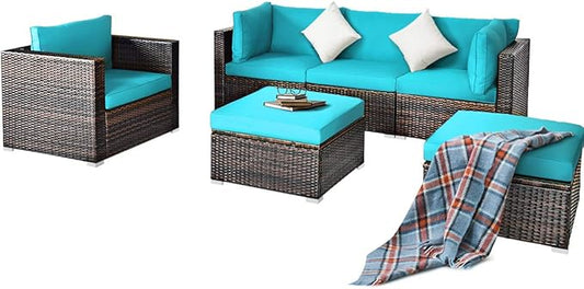 HAPPYGRILL 6 Pieces Patio Conversation Set Outdoor Furniture Set Rattan Wicker Sectional Sofa Set with Soft Cushions Coffee Table Ottoman for Backyard Garden Poolside