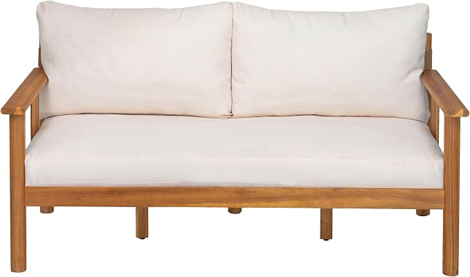 Christopher Knight Home Willy Acacia Wood Patio Furniture Set with Water-Repellent Cushion, 4 Piece Outdoor Acacia Wood Conversation Set, Outdoor Sectional Sofa Set with Coffee Table, Beige+Teak