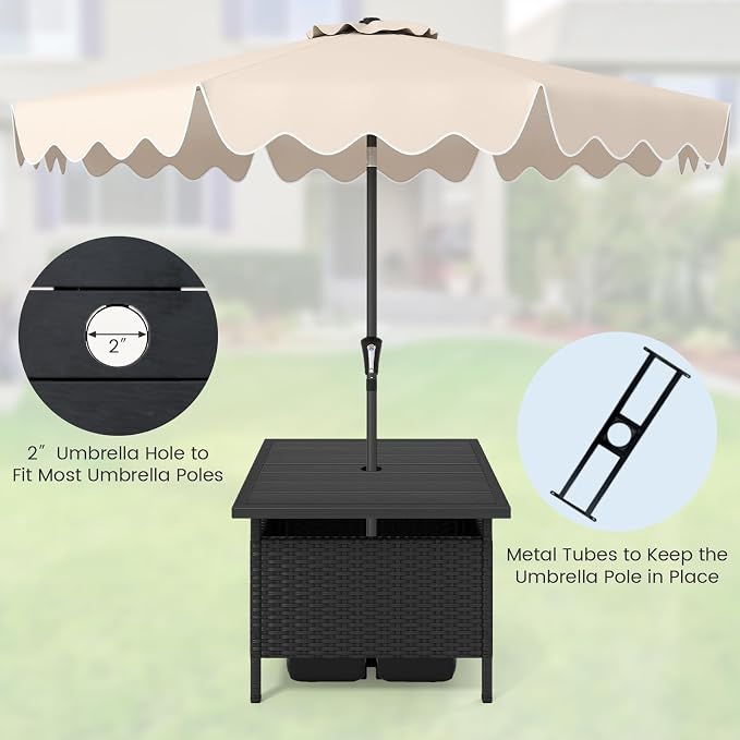 HAPPYGRILL Patio Umbrella Table Stand, Rattan Outdoor Side Table with Umbrella Hole, PE Wicker Frame, for Patio Garden Deck Poolside (Black)