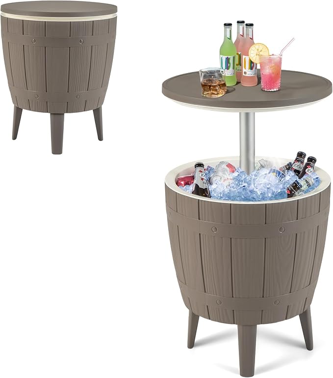 LDAILY Outdoor Cooler Table, 3-in-1 10 Gallon Ice Bucket with Height-Adjustable Tabletop, Cocktail Side Table with 110LB Capacity & Drain Plug for Poolside, Backyard, Patio Parties (Brown)
