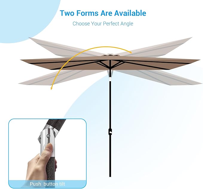 Rectangle Patio Umbrella with Solar Lights, 10 x 6.5ft Rectangular Outdoor Umbrella Table Market Patio Umbrella with Push Button Tilt and Crank for Garden, Deck, Backyard, Pool