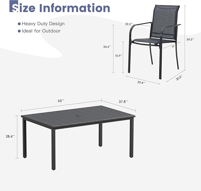 VICLLAX 7 Pieces Patio Dining Set, Patio Furniture Set of 6 Patio Stackable Dining Chairs and Outdoor Metal Table with Umbrella Hole for Backyard Lawn Garden, Dark Grey Chairs and Black Table