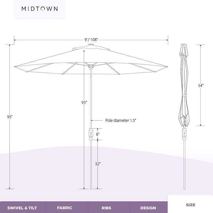 Midtown Umbrellas – The Swilt 9 Ft Patio Umbrella with 360° Swivel & Tilt Mechanism, Sunbrella Fabric & 8 Fiberglass Ribs – Outdoor Umbrella for Deck, Pool & Cafes – Canvas Natural Canopy, Black Pole