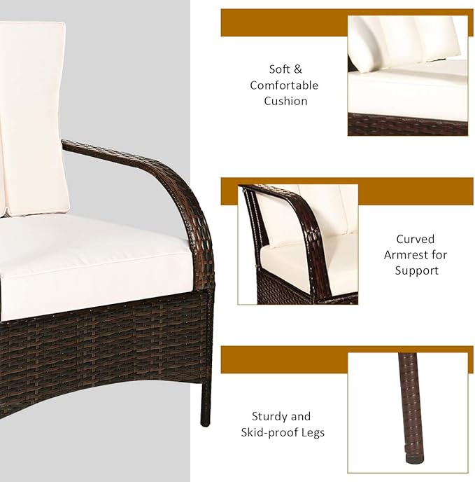 Tangkula 3 Piece Patio Furniture Set, 2 Wicker Chairs with Glass Top Coffee Table, Outdoor Garden Porch Poolside Furniture Set for 2, Rattan Conversation Set (Cream)