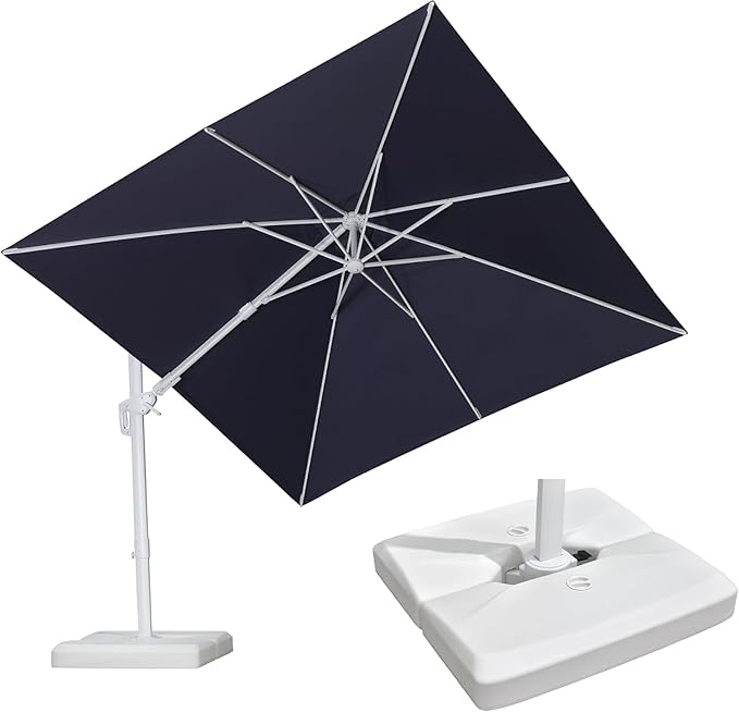 PURPLE LEAF 9' X 12' Right-left Tilt White Patio Umbrella with Base Cantilever Outdoor Swivel Umbrellas with Aluminum Tilt Offset Umbrella with 360° Rotation for Deck Pool, Navy Blue