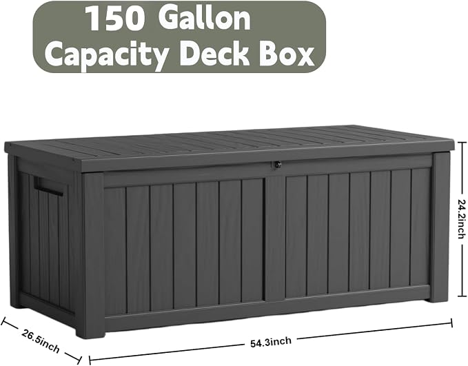 Outdoor Storage Deck Box, Large Patio Container for Garden Tools, Cushions and Yard Accessorie.Lockable Waterproof Resin Weatherproof Storage Container (Black, 150 Gallon)