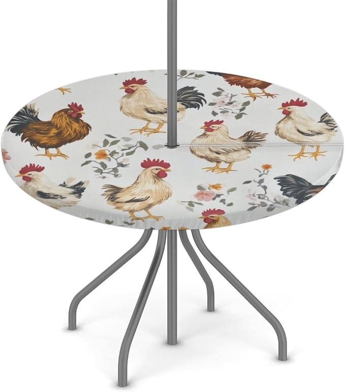 OSAM SPACE Outdoor Tablecloth with Umbrella Hole, Round Elastic Fitted Table Cloth with Invisible Zipper,Farmhouse Rooster Picnic Patio Table Cover 45-56in