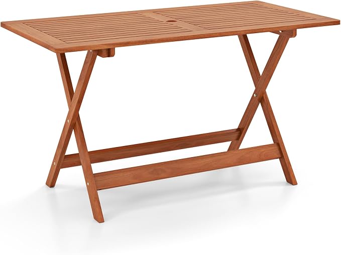 Tangkula 54.5-Inch Patio Dining Table, Solid Wood Outdoor Table with Teak Painting & 2" Umbrella Hole, Rectangular Outside Dining Table for Balcony, Deck, Porch, Backyard
