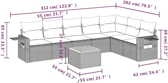 vidaXL Patio Sofa Set with Cushions 8 Piece, Outdoor Conversation Set, Sectional Sofa for Balcony Garden, Patio Furniture, Gray Poly Rattan