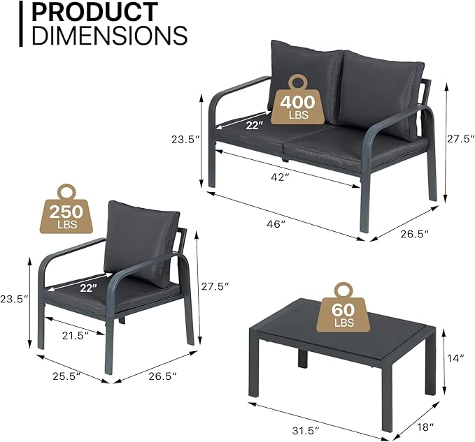 MoNiBloom 4 Pieces Outdoor Patio Furniture, All Weather Conversation Set with Tempered Glass Coffee Table for Garden Backyard Porch Balcony Poolside Deck Lawn, Loveseat Couch and Chairs with Cushions
