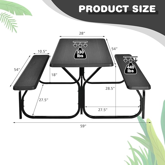 GYMAX Picnic Table, Picnic Bench Easy to Assemble w/All Weather Wood Grain Tabletop & Metal Frame, Picnic Tables for Outdoors Camping Backyard Deck Patio Poolside Dining Party