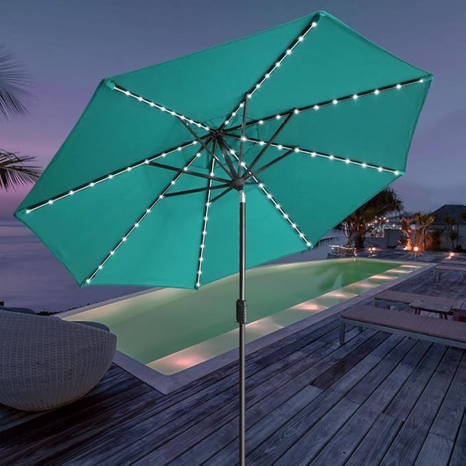 EliteShade USA 10-Year-Non-Fading 9ft Market Patio Umbrella, Commercial Grade Table Sun Umbrella with 80 Solar LED Lights, Crank Open, Windproof & UPF 50+ UV Protection for Garden, Deck, Pool, Backyard, Teal