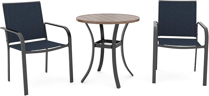 Anmutig Outdoor Bistro Set for 2, Stackable Chairs & Metal Table, Blue | Weather-Resistant Textilene, Black Powder-Coated Steel Frame, Storage Shelf, Easy Assembly, Balcony, Deck, Poolside Use