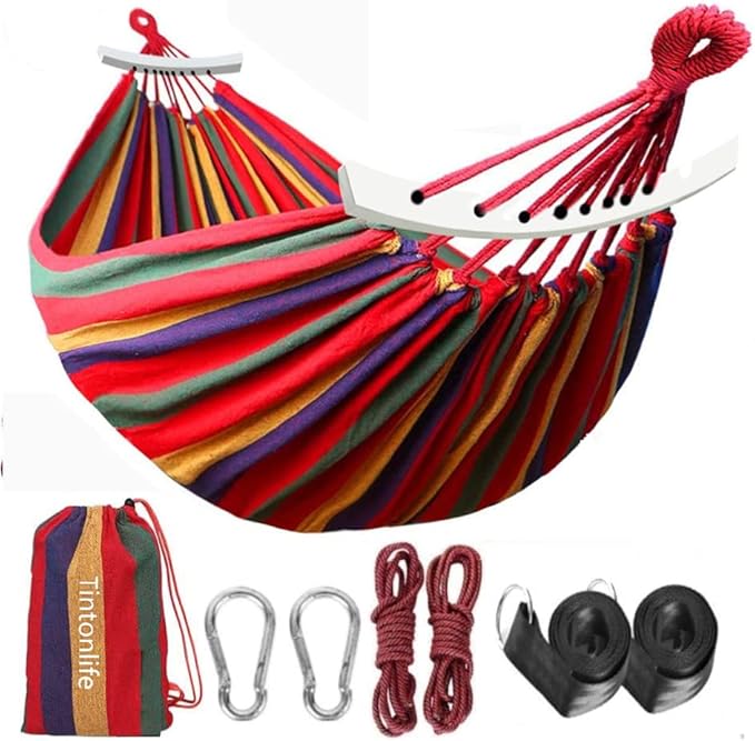 Brazilian Double Hammock (Max 450lb)- 2 Person Soft Canvas Cotton Fabric Hammock with Tree Straps-Portable Hammock with Traval Bag for Patio Porch Garden Backyard,Outdoor/Indoor - Rainbow