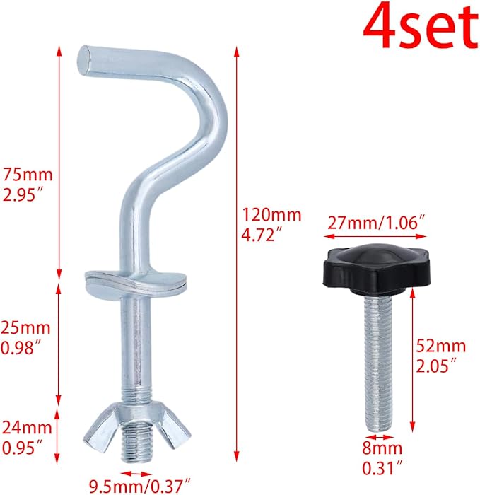 Wealrit 4 PCS Hammock Stand Hook Heavy Duty Hooks Hardware Kit, Hammock Replacement Hooks with Hand Thread Knobs Accessories for Patio, Garden, Swing Chair (4.72" Length) -Style 02