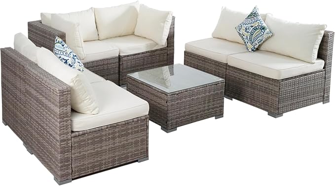 7 Piece Outdoor Patio Sectional Sofa Set, All-Weather Wicker Patio Furniture Set, with able Cushions & Tempered Glass Table for Backyard, Poolside, Garden Patio Conversation Sets