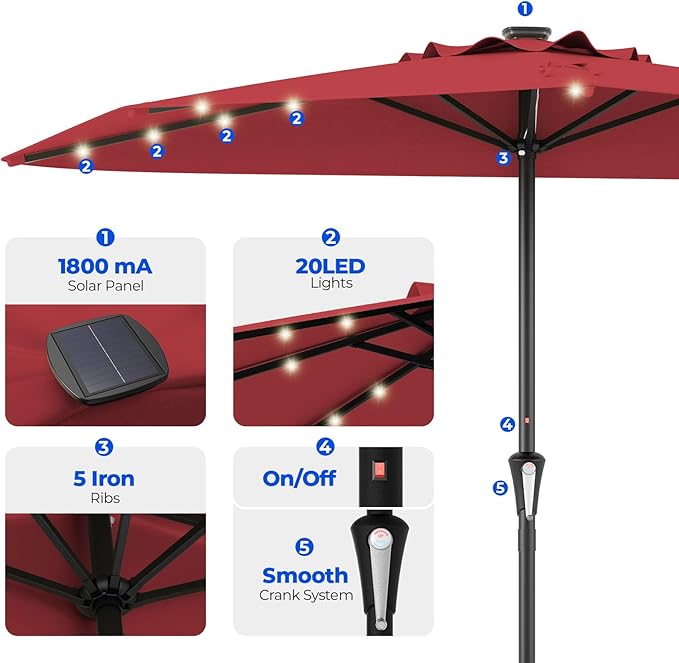 HOMSHADE 9FT Half Patio Umbrella with Solar LED Lights for Outdoor, Waterproof Half Umbrella for Small Spaces, Balcony, Deck(Red)