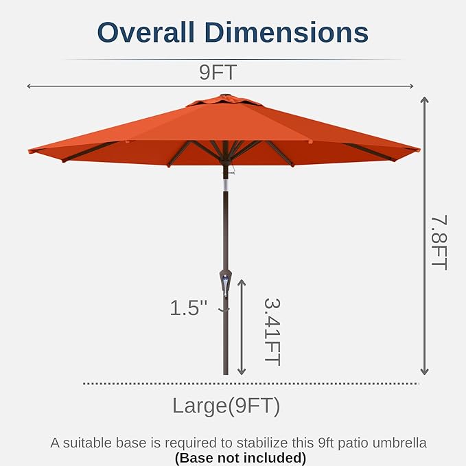 9ft Patio Umbrella with Push Button Tilt and Crank,Outdoor Market Table Umbrella UV Protection 8 Sturdy Ribs for Backyard,Garden,Pool,Deck(Orange)