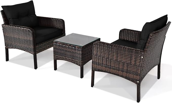 Tangkula 3 Piece Outdoor Patio Furniture Set, Wicker Chairs Set with Glass Top Coffee Table, Thick Cushions, All Weather Garden Lawn Poolside Backyard Porch Furniture Set for 2 (Black)