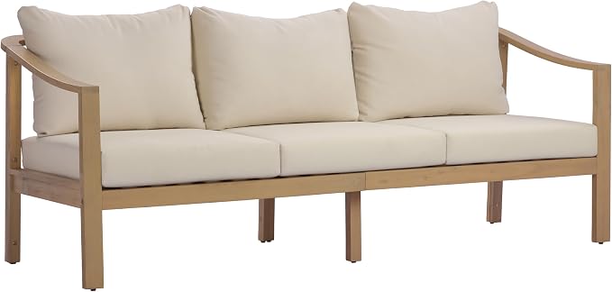 Merax Outdoor 78" Acacia Wood 3-Seater Sofa with All-Weather Coushions | Patio Sofa with Deep Seat for Porch, Lawn, Backyard, Balcony, Teak+ Beige