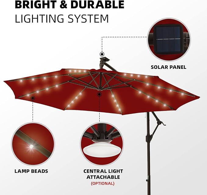 wikiwiki 10FT Solar Patio Offset Umbrella Outdoor Cantilever Umbrella Hanging Umbrellas with Weighted Base, Market Patio Umbrella for Backyard, Garden & Deck, Burgundy