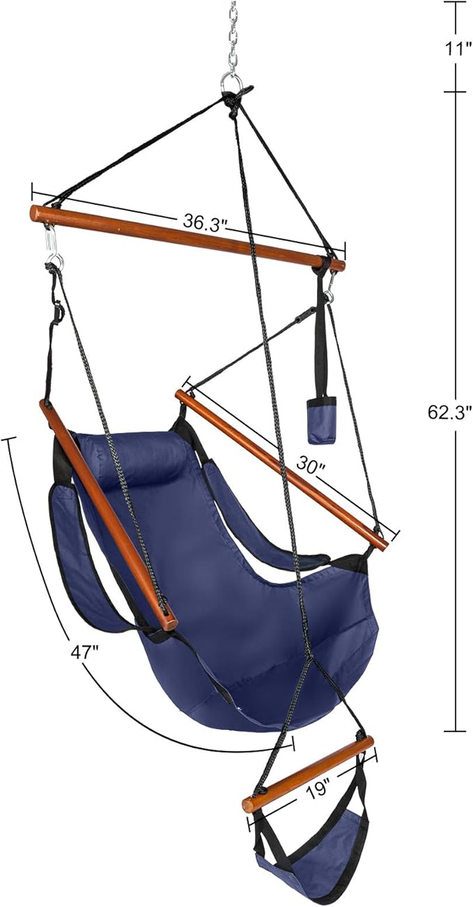 Hammock Hanging Sky Chair with Footrest, Folding Camping Air Deluxe Swing Seat with Rope, Heavy Duty Foldable Rocker with Cup Holder for Outdoor Beach Patio Sport Lawn (Blue)
