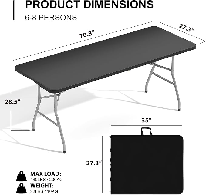 6PK Black Folding Table, 6FT Portable Plastic Folding Table, Foldable Dining Tables with Carrying Handle for Party, Picnic, Camping, Easy to Fold and Storage, for Indoor or Outdoor Use