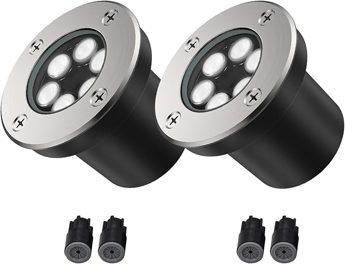 JESLED Low Voltage Landscape Lights, 6W LED Well Lights IP67 Waterproof, 6000K Bright White In-Ground Lights with Wire Connectors for Pathway, Deck, Patio, Yard, Garden (2 Pack)