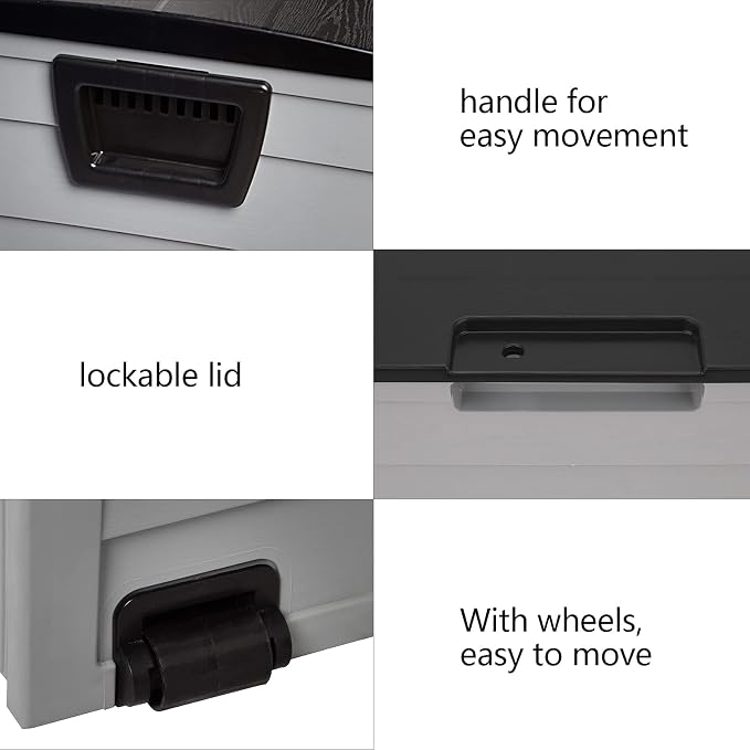75 Gallon Outdoor Storage Box, Lockable Plastic Storage Containers with Lid, Patio Deck Box Furniture for Garden, Pool, Balcony, Yard (Black&Grey)