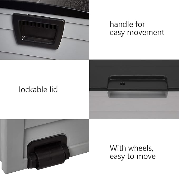 75 Gallon Black & Grey Outdoor Storage Deck Box, 260L Waterproof UV Resistant Plastic Patio Storage Bin with Wheels & Lockable Lid, Weatherproof Container for Cushions Tools Toys
