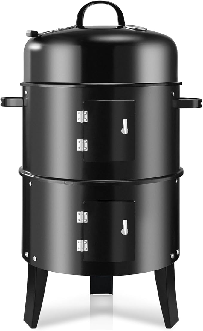 T001-2 19-inch BBQ Charcoal Smoker, Heavy Duty Round Smoking-Vertical Multi-Layer Pellet Smoker for Meats-Offset Charcoal Grill with Thermometer, Black