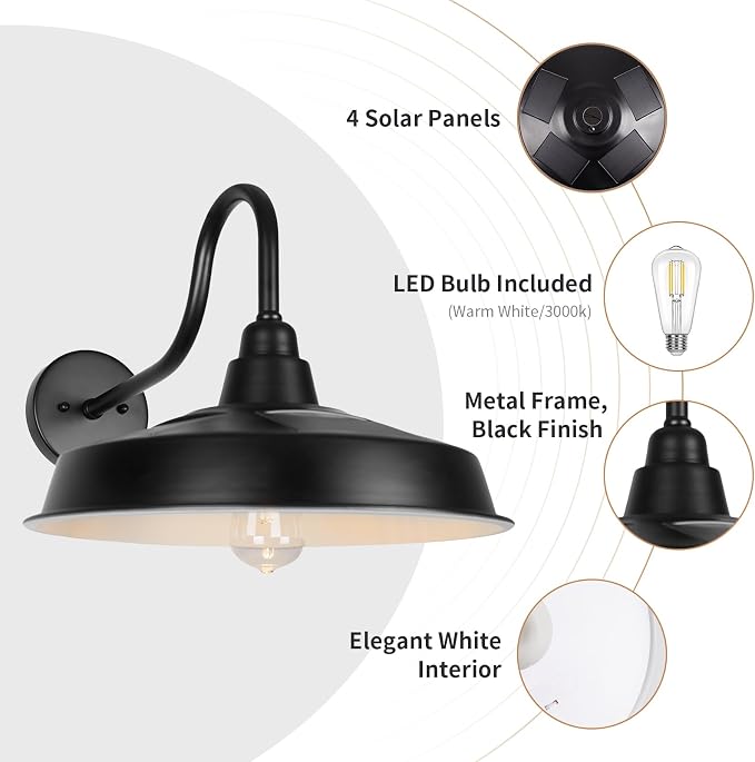 Solar Barn Light Outdoor, 16 Inch Dome Wall Light Solar Powered, Farmhouse Exterior Wall Sconce, Industrial Outside Lighting Fixture, Rustic Lantern for Garage, Barn, Shed, RZSR020W