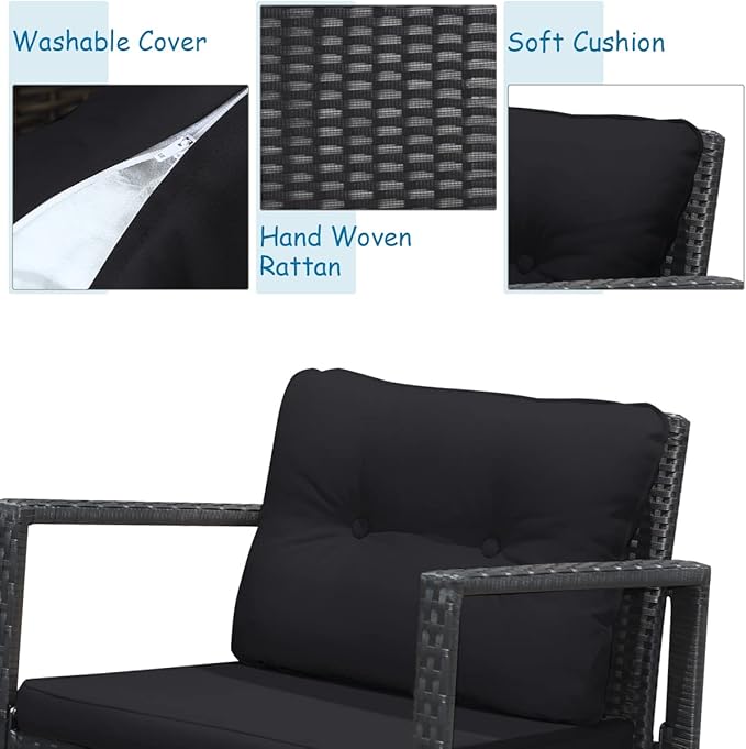 Tangkula 3 Pieces Patio Wicker Rocking Bistro Set, Outdoor Rocking Chair Furniture Set w/Cushioned Seat, Conversation Set w/Glass Coffee Table and Storage Shelf (Black)