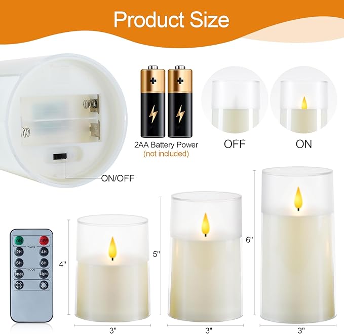 Homemory 3"×4" 5" 6" Battery Candles with Remote & Timer, Ivory Acrylic Realistic Flickering LED Pillar Candles, Waterproof Fake Candle for Home and Lantern Decor, Set of 3
