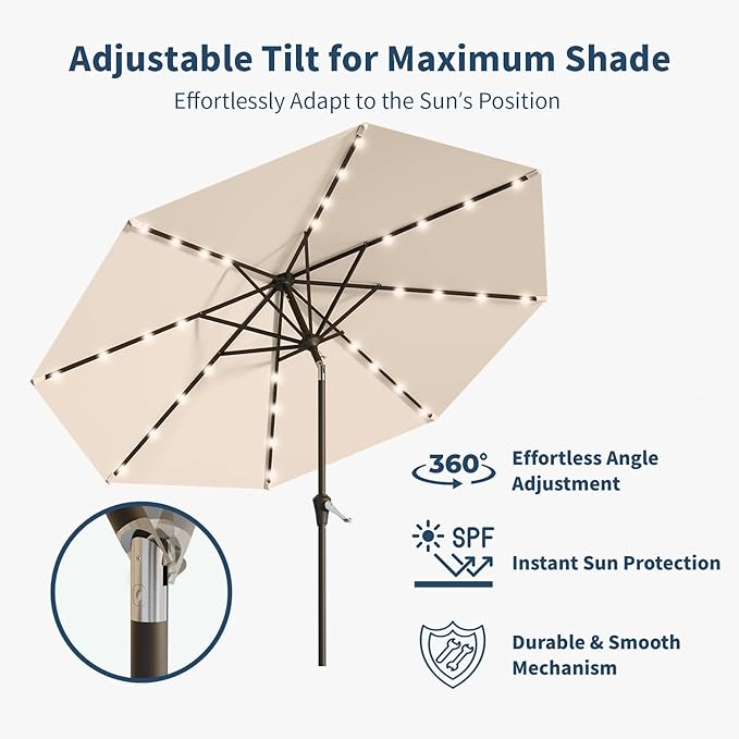 9FT Solar Umbrella 32 LED Lighted Patio Umbrella Table Market Umbrella w/Tilt and Crank, UV-Resistant Outdoor Umbrella for Pool, Garden, Deck, Beige