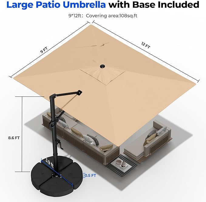 HOMSHADE 9x12FT Cantilever Patio Umbrella Outdoor with Base- Large Offset Heavy-Duty Aluminum Umbrella with 360° Rotation, 6 Tilts, Windproof, 3-Year Fade Resistance for Pool Deck, Rectangular, Beige