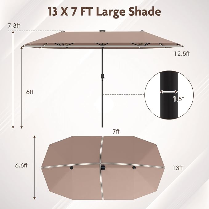 Tangkula 13 FT Large Patio Umbrella w/LED Solar Lights, Crank Handle, 12 Heavy-Duty Ribs, Outdoor Double-Sided Table Market Umbrella Rectangular Twin Parasol for Garden Deck Lawn Poolside (Tan)