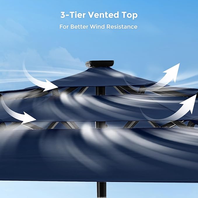 HOMSHADE 9FT 3-Tier Solar Patio Umbrella Heavy Duty,Vented Market Table Umbrella Windproof with 32 LED Lights,UPF50+,5-Year Fade Resistant,8 Thicker Ribs for Pool,Lawn,Garden,Deck (Navy Blue,No Base)