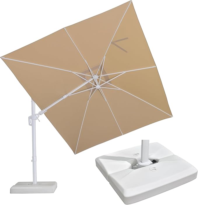 PURPLE LEAF 10 FT Right-left Tilt White Cantilever Umbrella with Base Patio Outdoor Swivel Umbrellas with Aluminum Tilt Offset Umbrella with 360° Rotation for Deck Pool, Beige