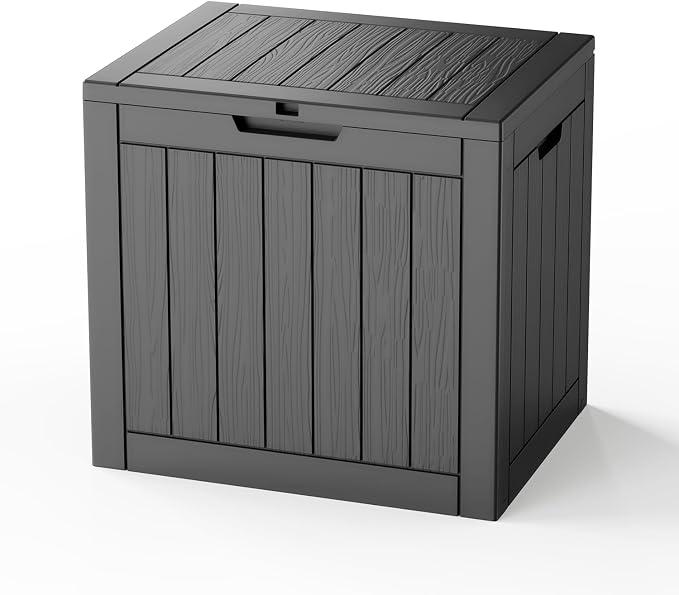 Pepe Tee Waterproof Resin Deck Box, Outdoor Storage Bin with Slatted Texture, All-Weather Patio Side Table & Garden Organizer, Black