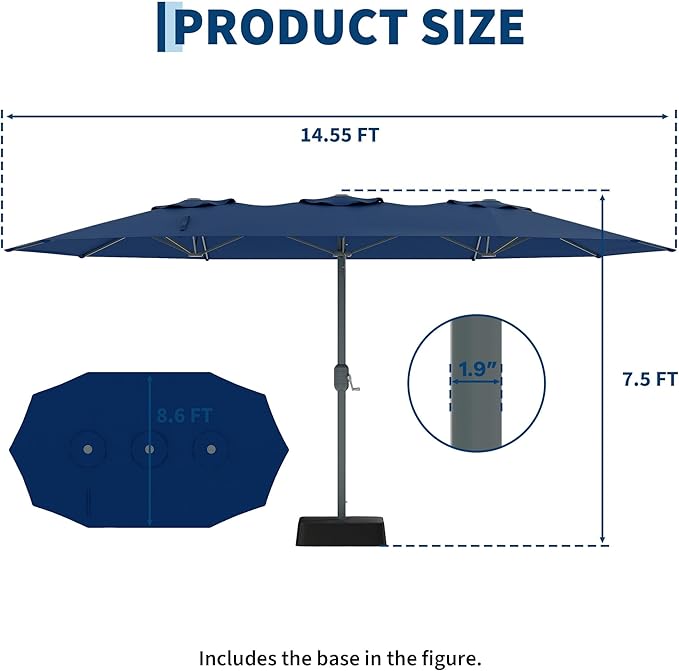 9x15 ft Large Outdoor Umbrella with Base Included, Extra Wide Patio Umbrella with UV Protection, Heavy Duty Backyard & Pool Umbrella with 12 Ribs for Garden Patio Balcony
