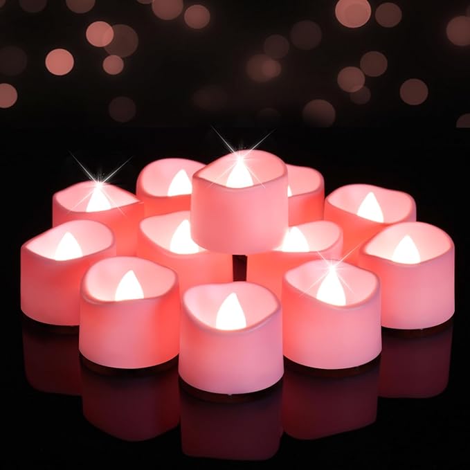 Raycare Pink Battery Operated Tea Lights, 200+Hour Flickering Flameless Candles, Realistic Electric Fake LED TeaLights for Wedding Party Table Mother's Day Christmas Decorations, Pack of 12